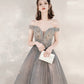 Gray tulle sequins long prom dress with star  10545