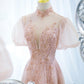 Pink tulle beads long prom dress A line evening dress  10400