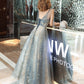 Gray tulle sequins long prom dress A line evening gown  10492