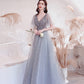 Gray tulle sequins long prom dress A line evening dress  10528