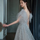 Gray tulle sequins long prom dress A line evening dress  10574