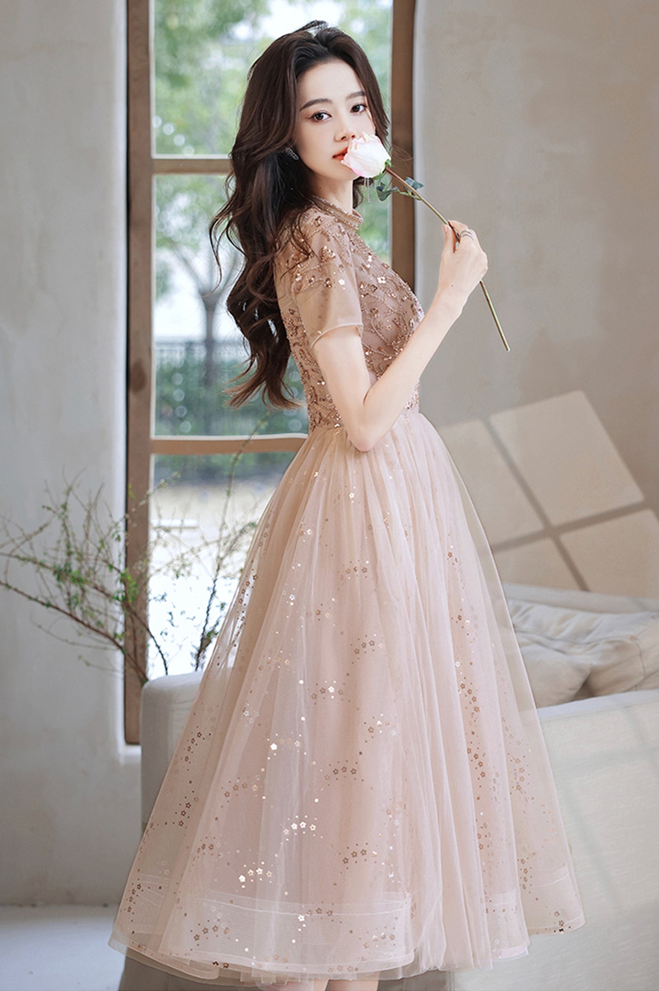 Cute tulle beads short prom dress A line party dress  10519