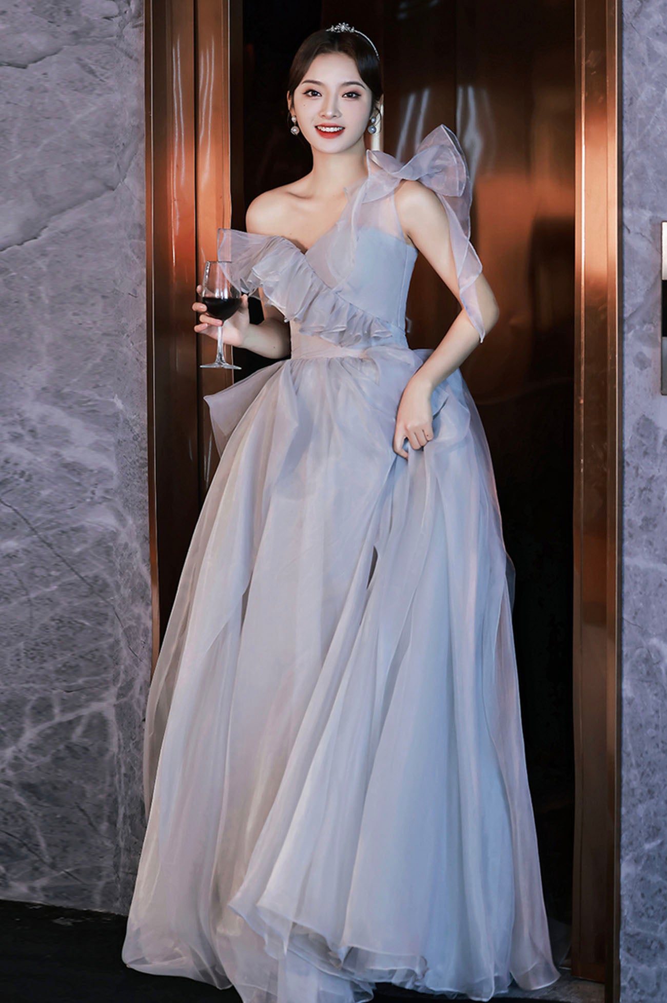 Gray tulle long A line prom dress gray evening dress  10625