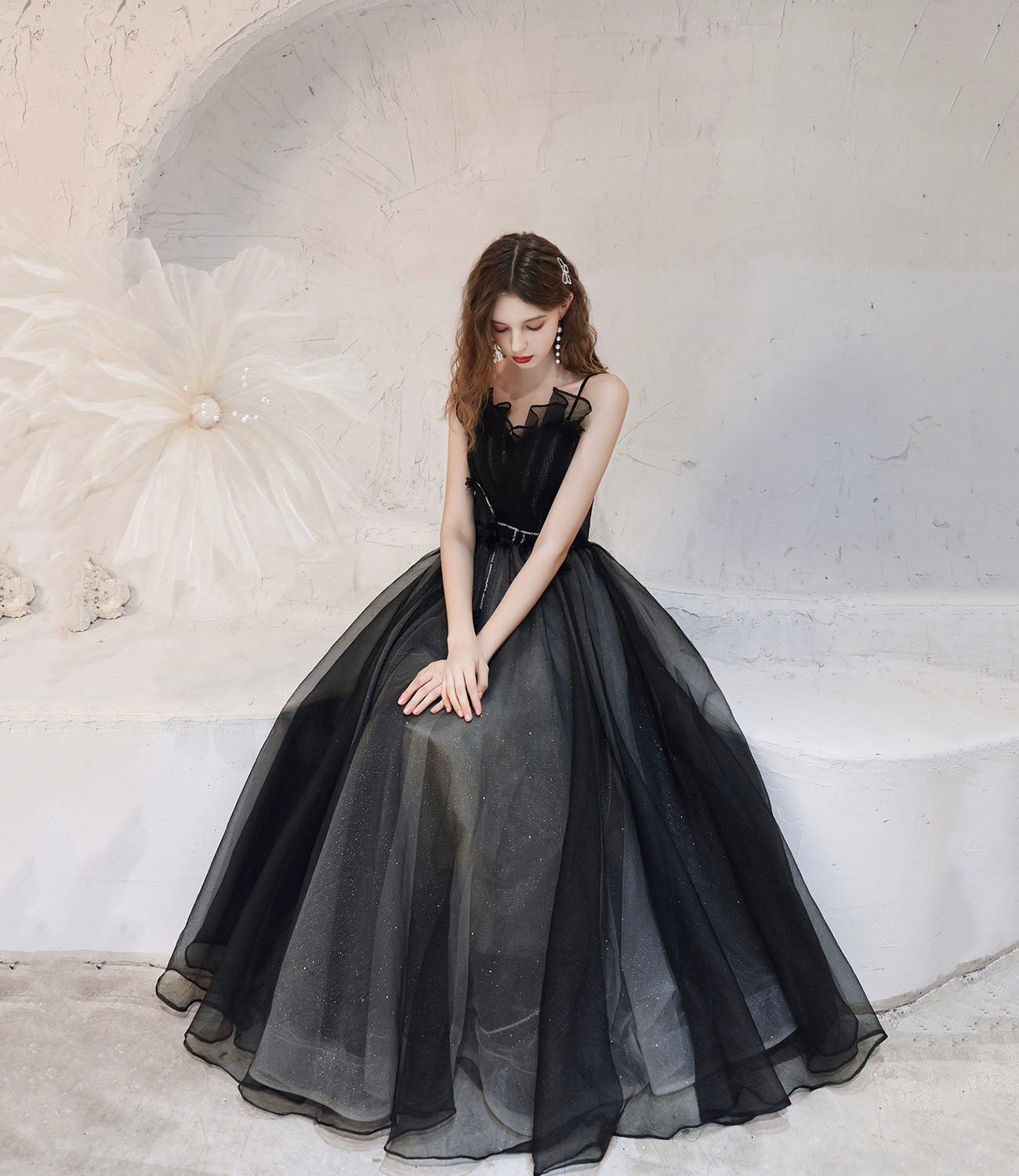 Black tulle long prom dress A line evening dress  10416