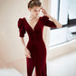 Burgundy velvet long prom dress mermaid evening dress  10414