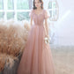 Cute tulle long prom dress pink A line evening dress  10524