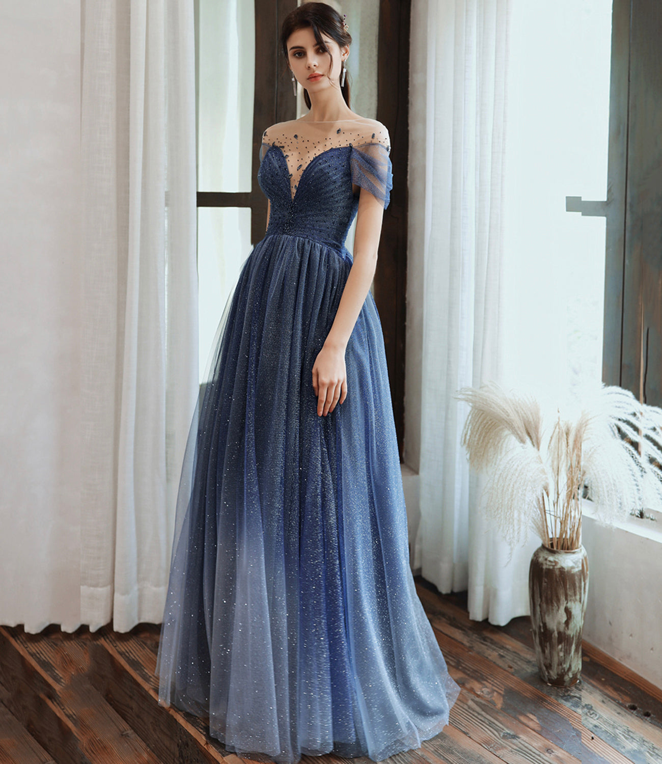 Blue tulle sequins long prom dress blue evening dress  10477