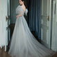 Gray tulle sequins long prom dress A line evening dress  10574