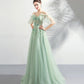 Green tulle lace long prom dress A line evening dress  10575