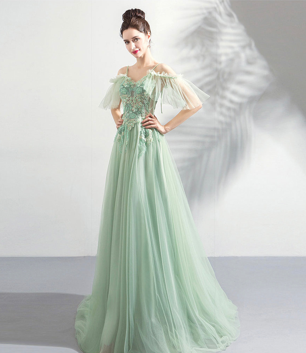 Green tulle lace long prom dress A line evening dress  10575