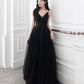 Black tulle sequins long prom dress evening dress  10391