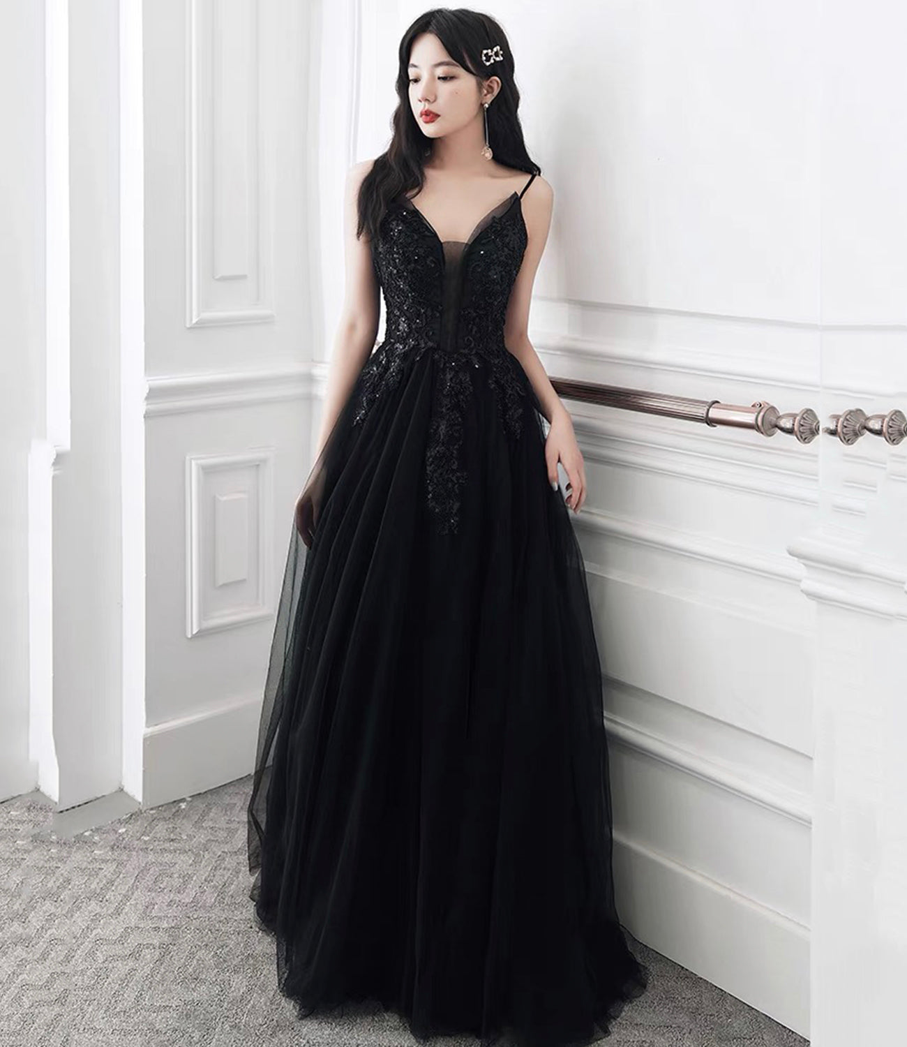Black tulle sequins long prom dress evening dress  10391