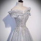 Gray tulle lace long prom dress A line evening gown  10406