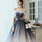 Blue tulle sequins long prom dress A line evening dress  10401