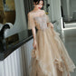 Champagne tulle lace long prom dress A line evening dress  10339