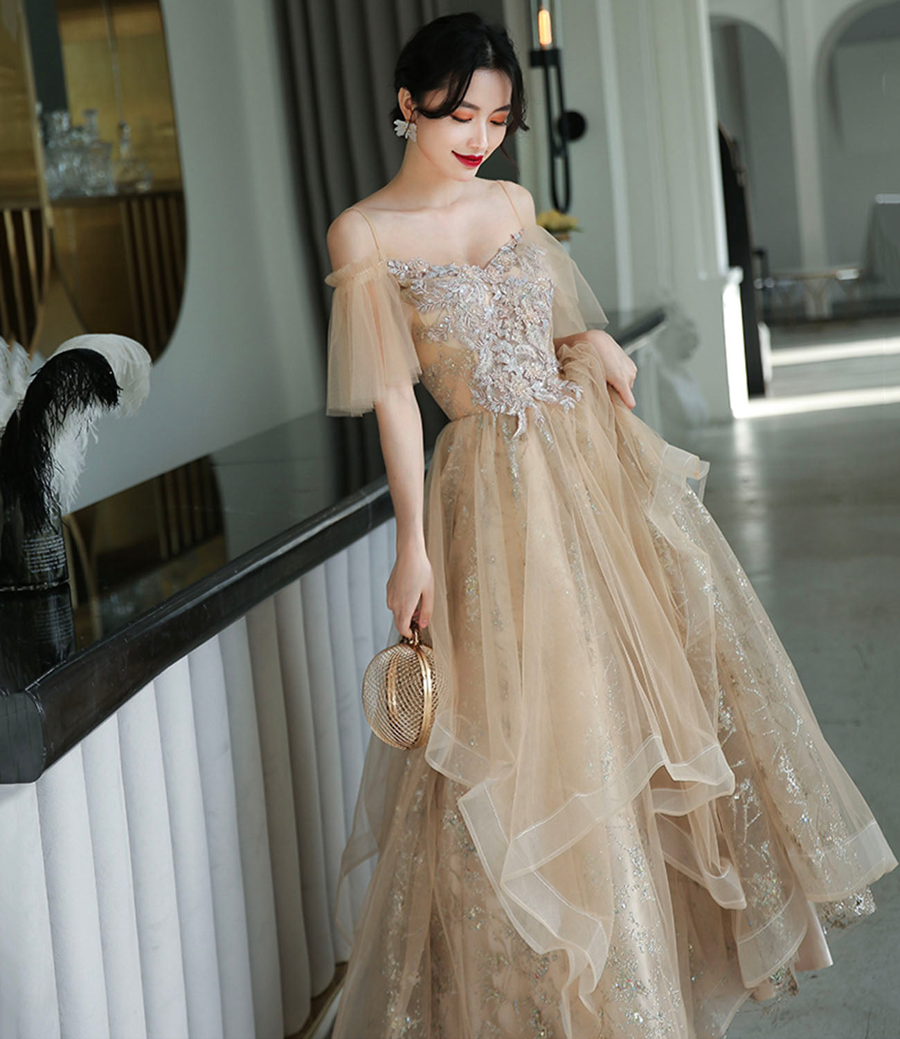 Champagne tulle lace long prom dress A line evening dress  10339