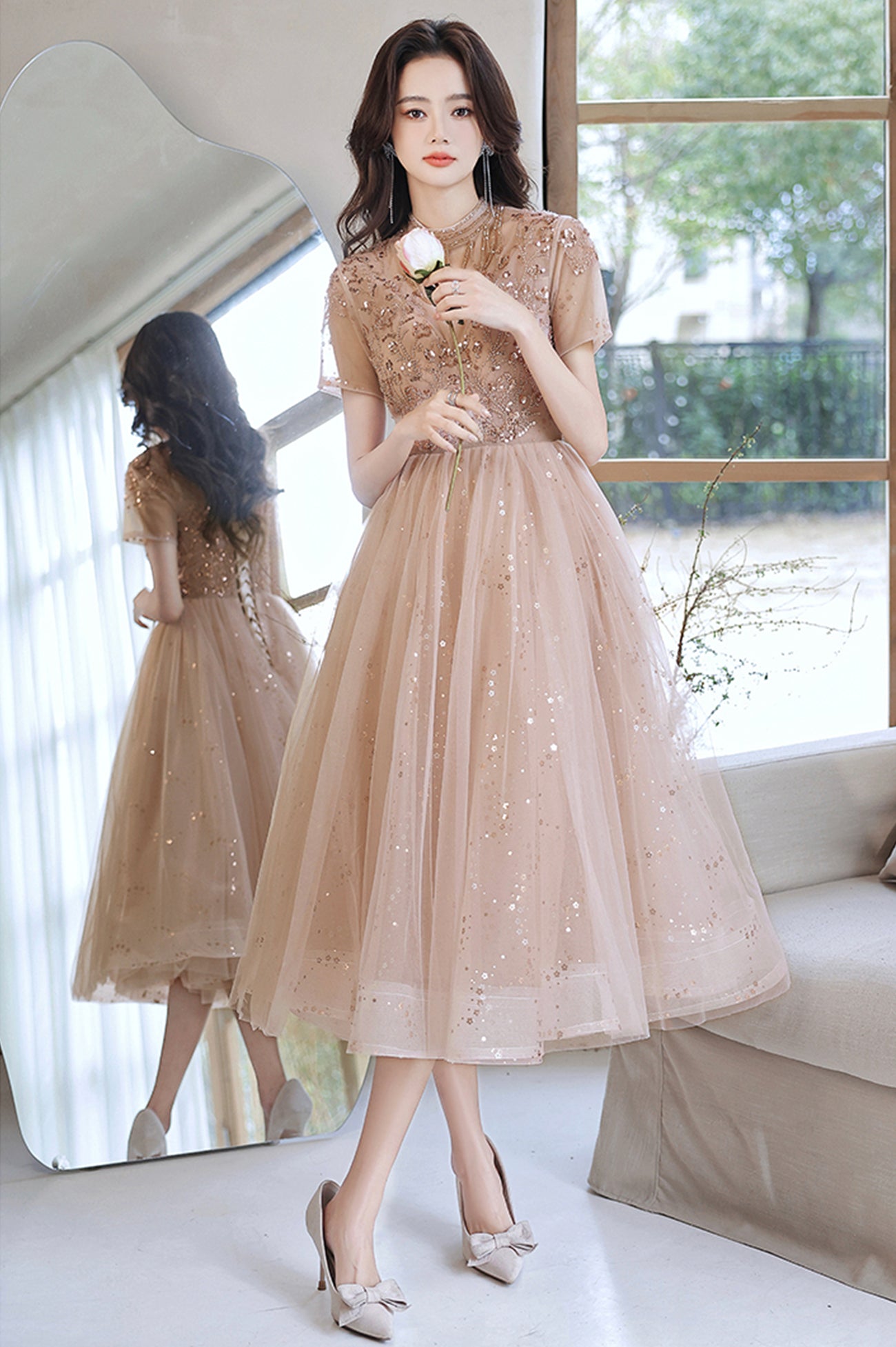 Cute tulle beads short prom dress A line party dress  10519