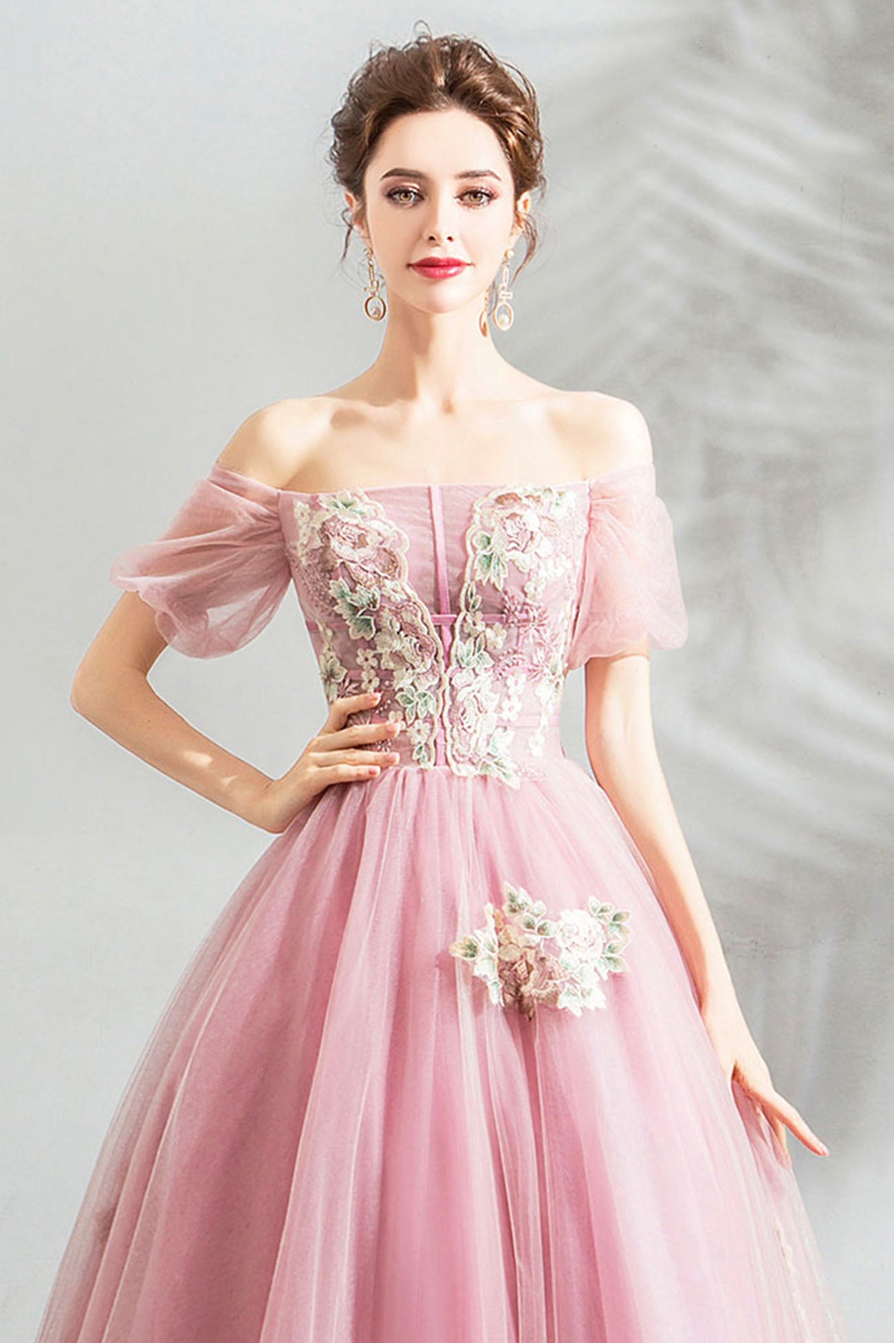 Pink tulle lace long prom dress evening dress  10623