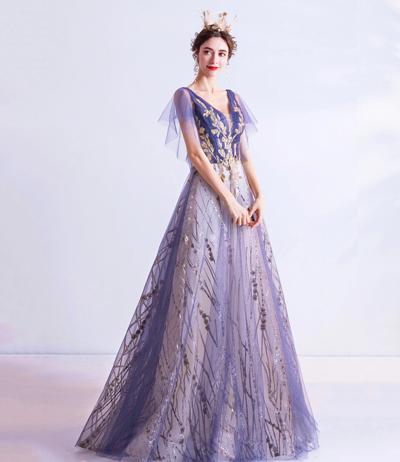 Purple tulle sequins long prom dress A line evening dress  10510
