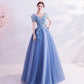 Blue tulle lace long prom dress A line formal dresses  10455