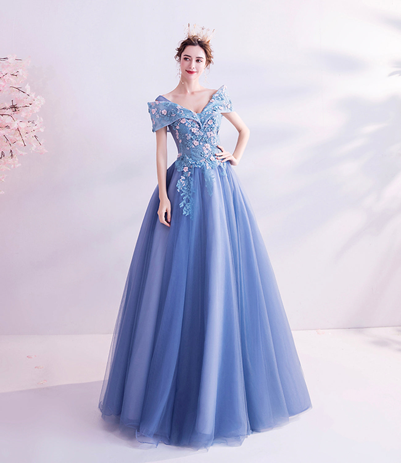 Blue tulle lace long prom dress A line formal dresses  10455