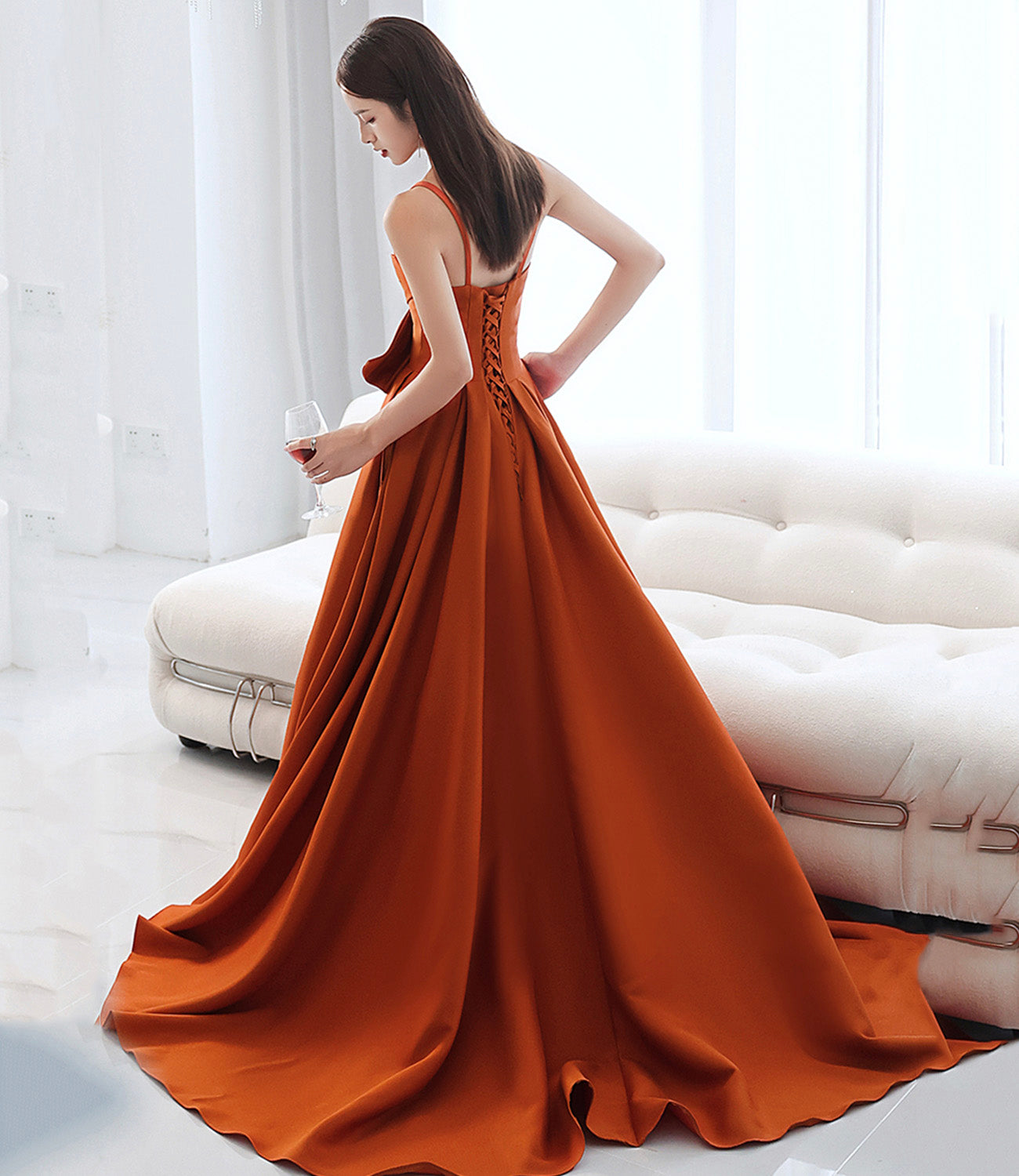 Orange satin long prom dress with bow A line formal dress  10568