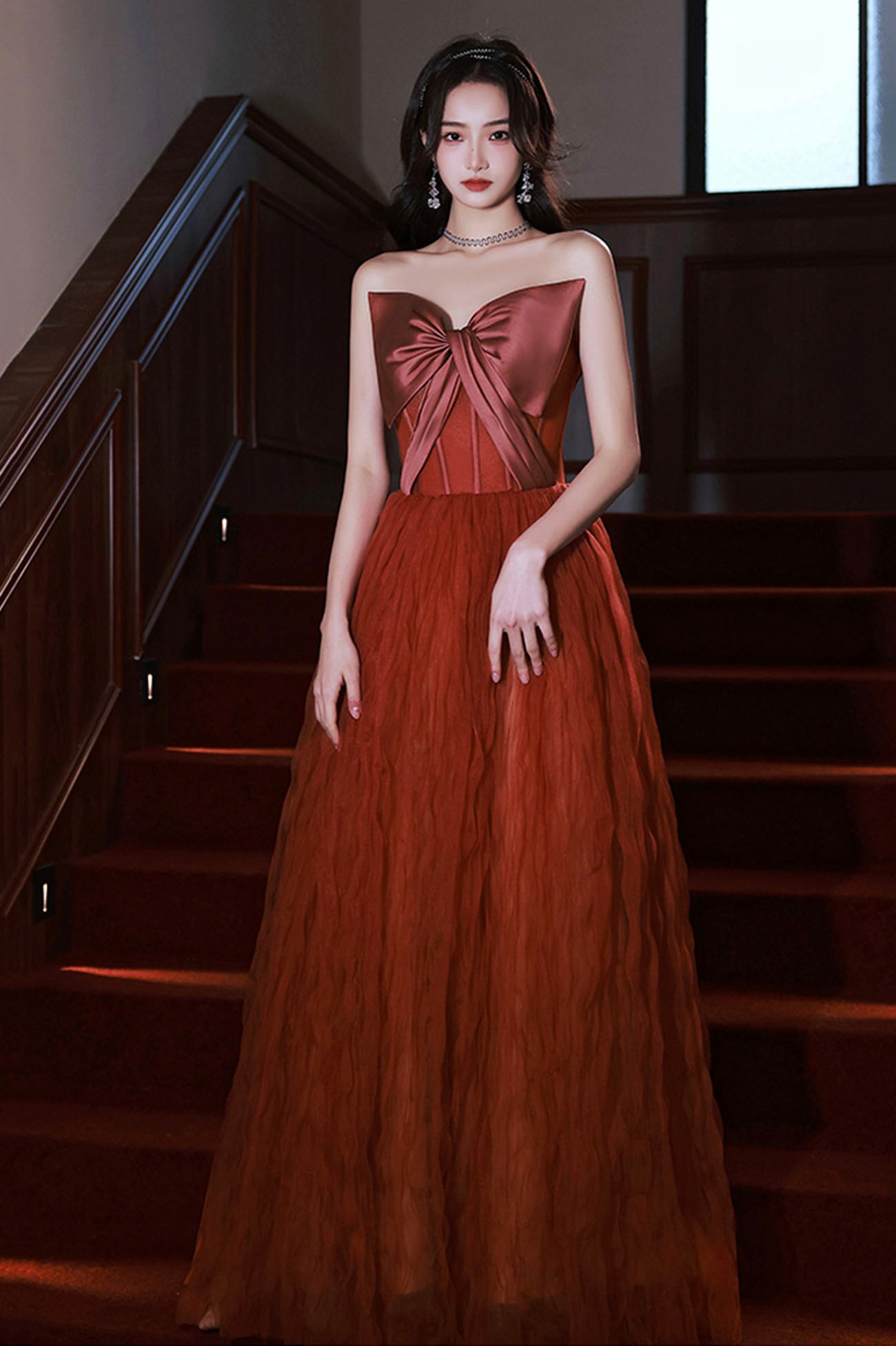 Burgundy satin tulle long prom dress A line evening dress  10649