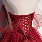 Burgundy tulle sequins long prom dress A line evening gown  10632