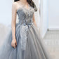 Gray tulle applique long prom dress A line evening gown  10485
