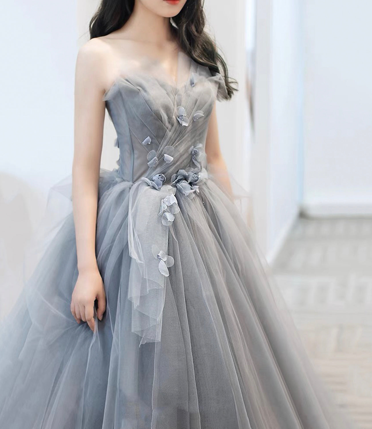 Gray tulle applique long prom dress A line evening gown  10485