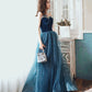 Blue velvet tulle long prom dress A line evening dress  10499