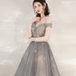 Gray tulle sequins long prom dress with star  10545