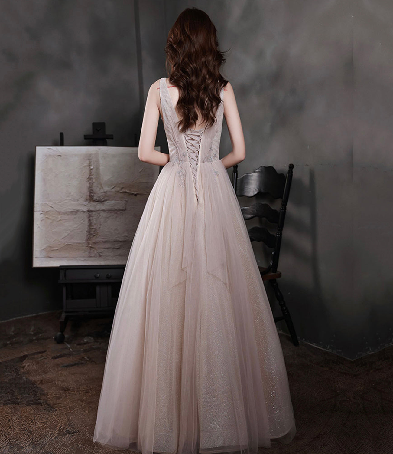 Elegant tulle long prom dress A line evening dress  10652