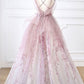 Pink tulle beads long prom dress A line evening dress  10643