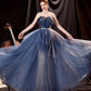 Blue tulle long A line prom dress blue evening dress  10533