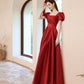 Red satin long A line prom dress red evening dress  10529