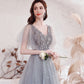 Gray tulle sequins long prom dress A line evening dress  10528