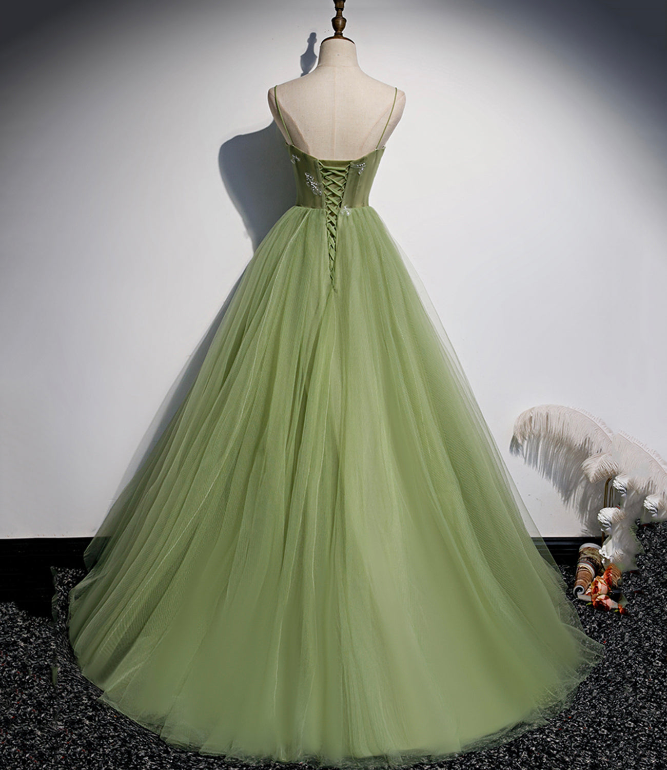 Green tulle long prom dress A line evening dress  10651