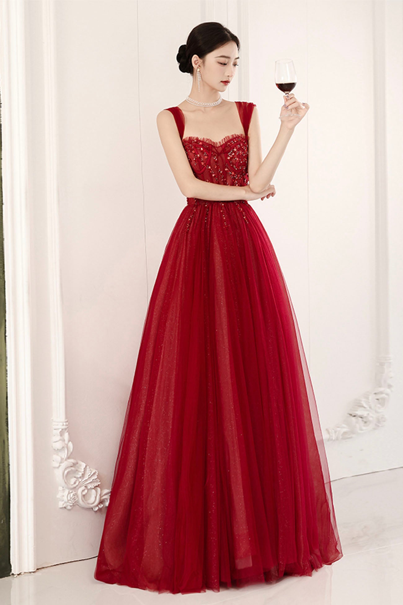 Burgundy tulle beads long prom dress evening dress  10604