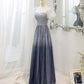 Gray tulle beads long prom dress A line evening dress  10483