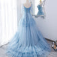 Blue tulle long A line prom dress blue evening dress  10551