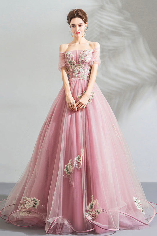 Pink tulle lace long prom dress evening dress  10623