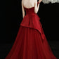 Burgundy tulle long prom dress A line evening dress  10603