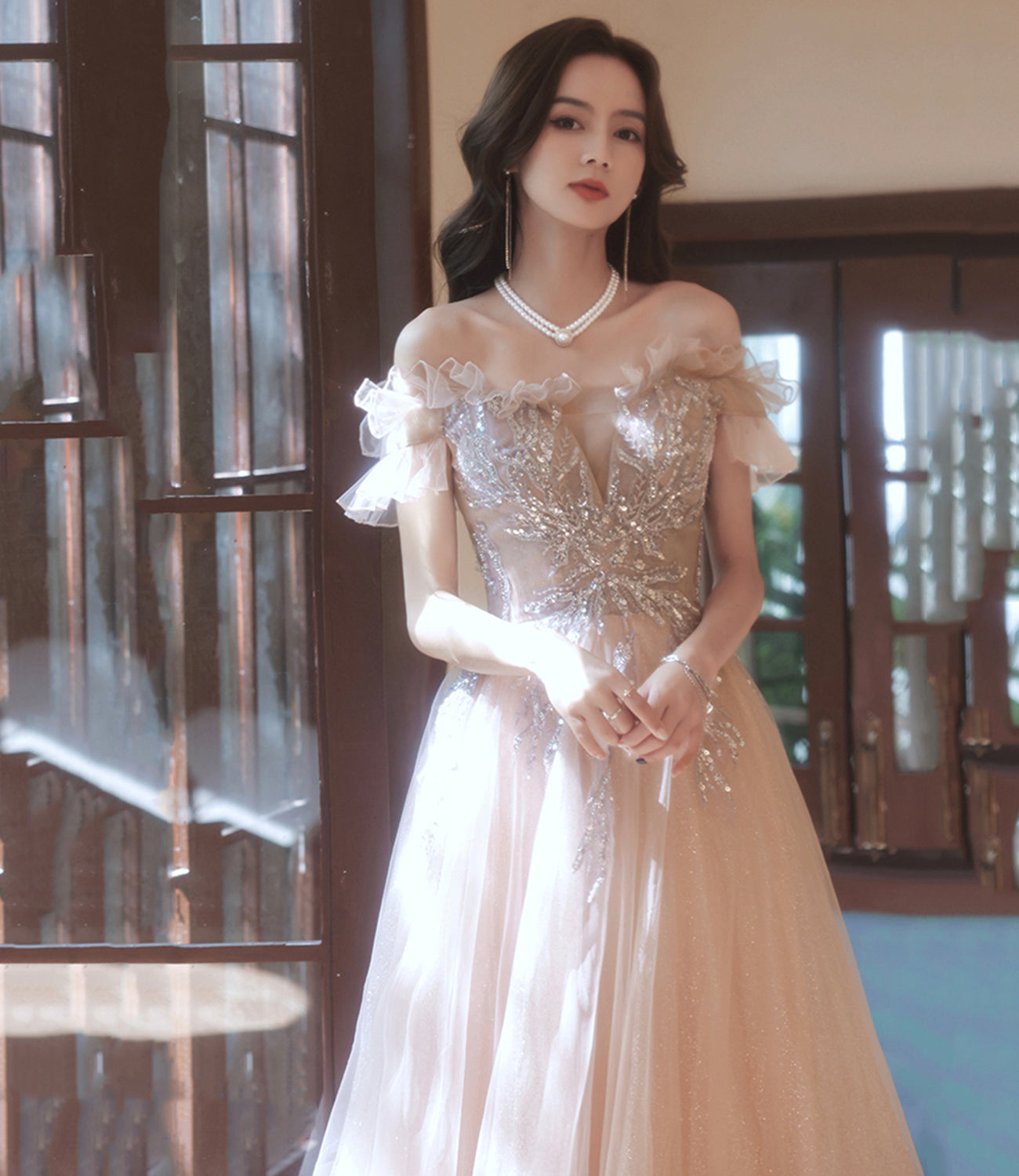 Champagne tulle long prom dress A line evening dress  10388