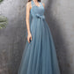 Blue tulle long A line prom dress blue evening dress  10588
