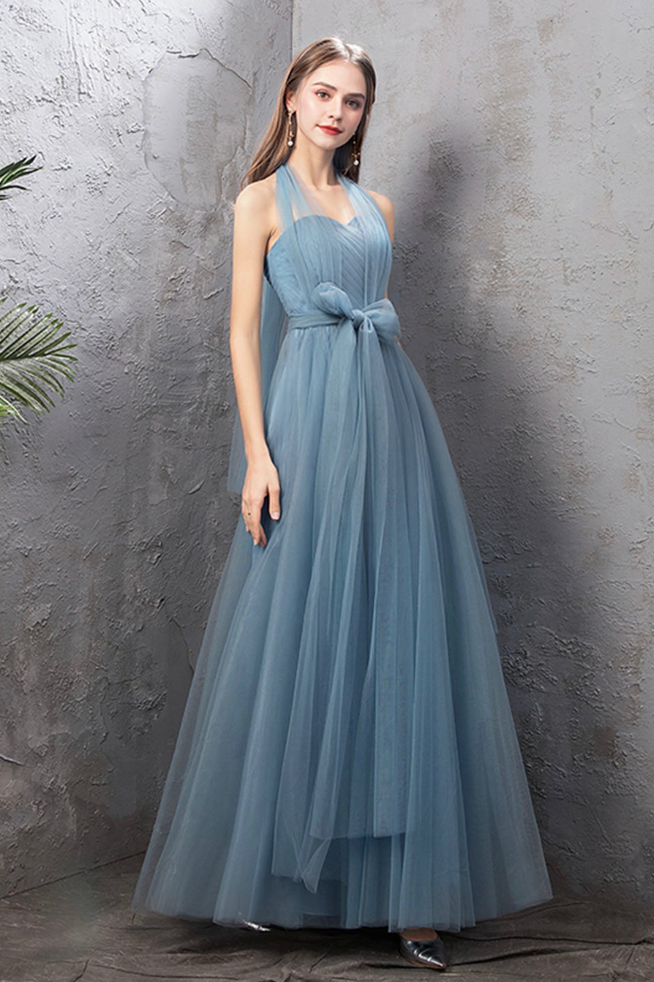 Blue tulle long A line prom dress blue evening dress  10588