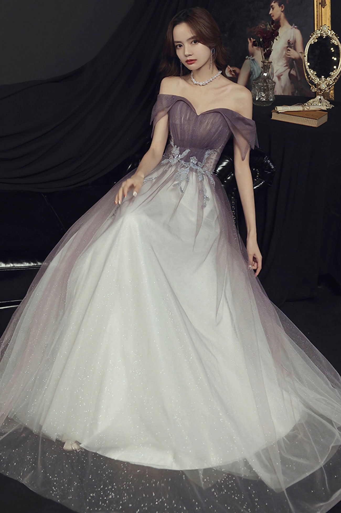 Purple tulle sequins long prom dress A line evening dress  10644