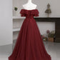 Burgundy tulle long prom dress A line evening dress  10503