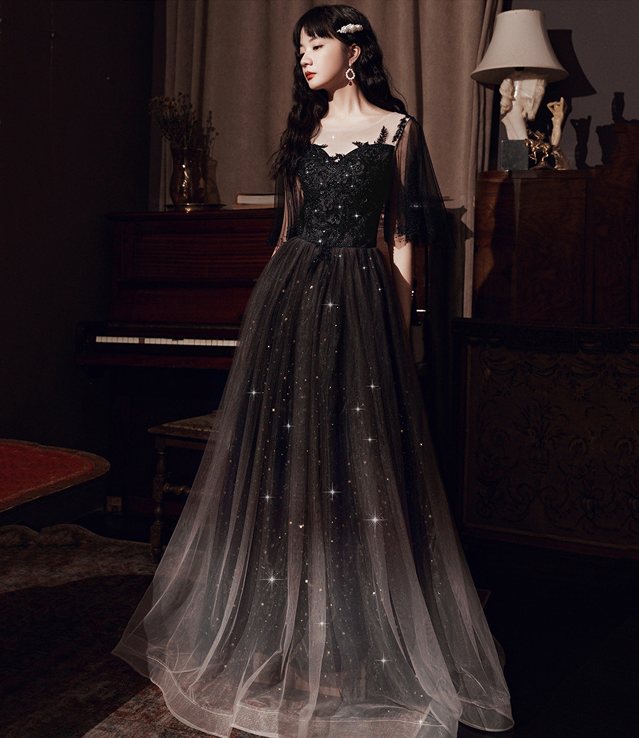 Black tulle lace long prom dress evening dress  10363