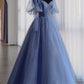 Blue tulle beads long prom dress blue evening dress  10522